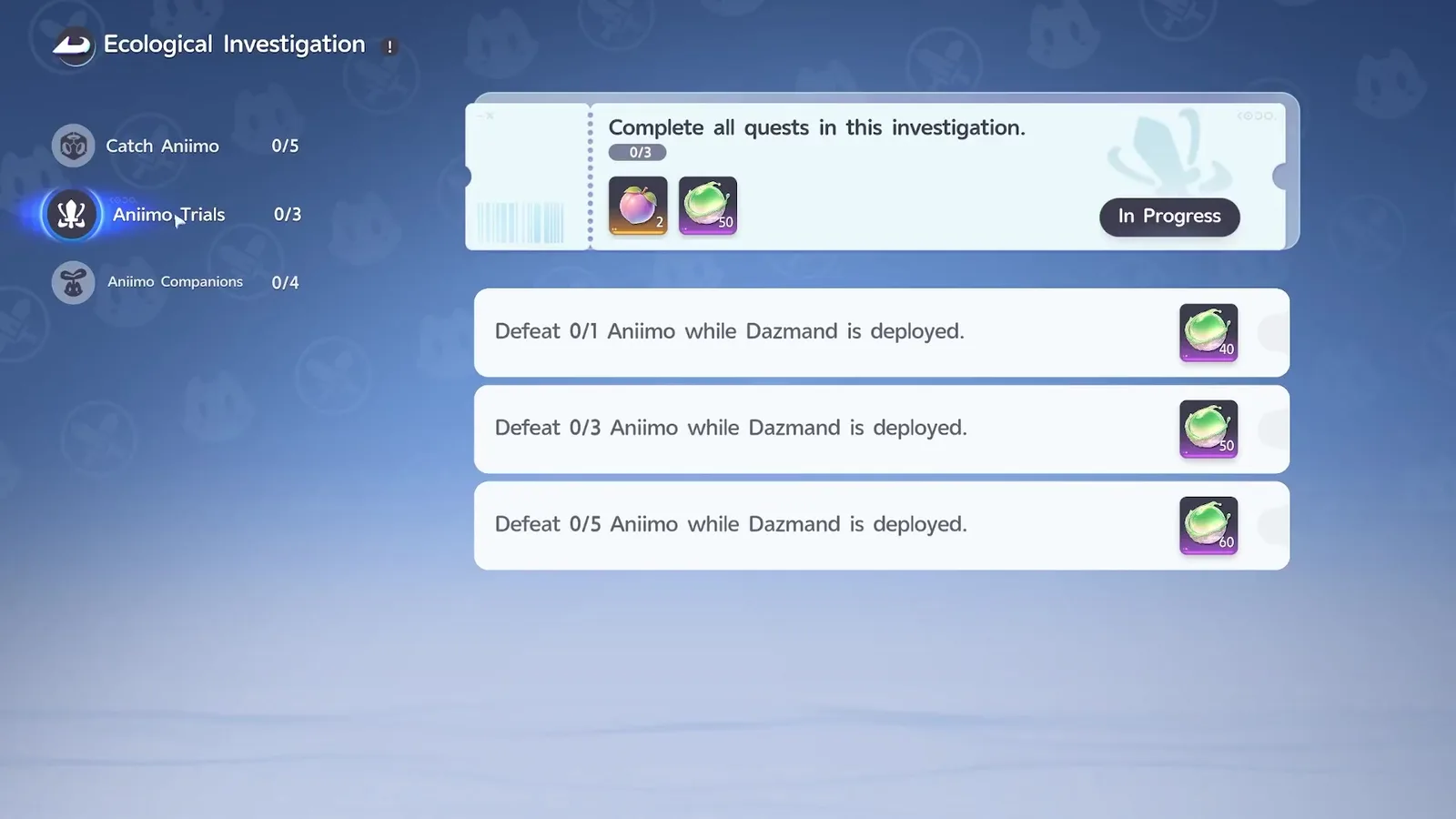 Aniimo Trials quests for Dazmand: defeat 1, 3 and 5 Aniimo while Dazmand is deployed, for x40, x50 and x60 Dewdrop Crystals