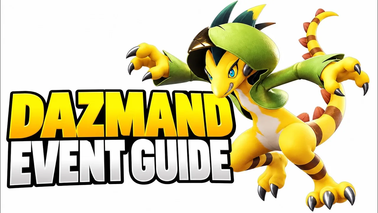 AniimoSync’s Aniimo Dazmand Event Guide thumbnail: the yellow Lightning Aniimo Dazmand mid-leap in its green hood beside the words Dazmand Event Guide