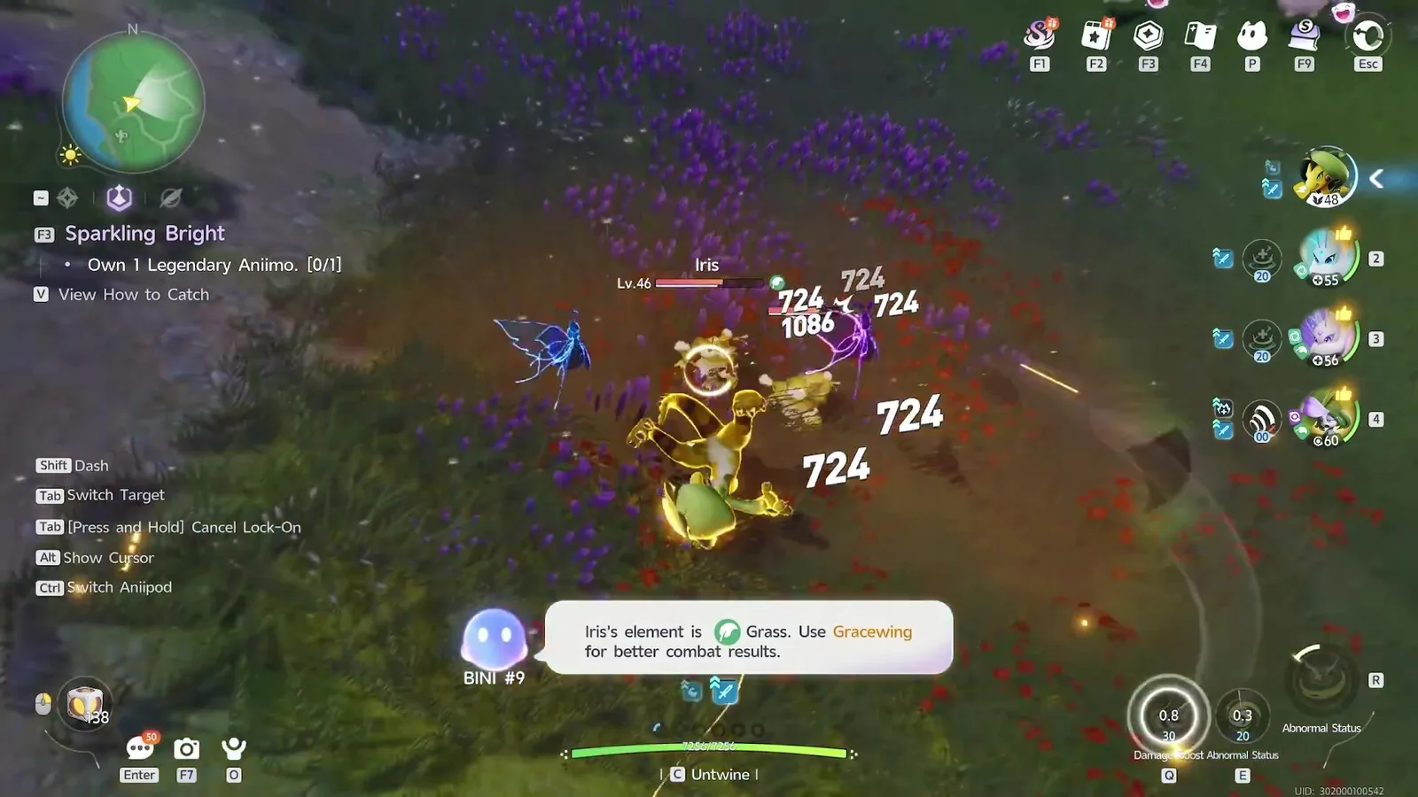 Aniimo Dazmand at level 48 fighting a Lv.46 Iris, hits of 724 and 1086 on screen, with a hint to use Gracewing against Grass
