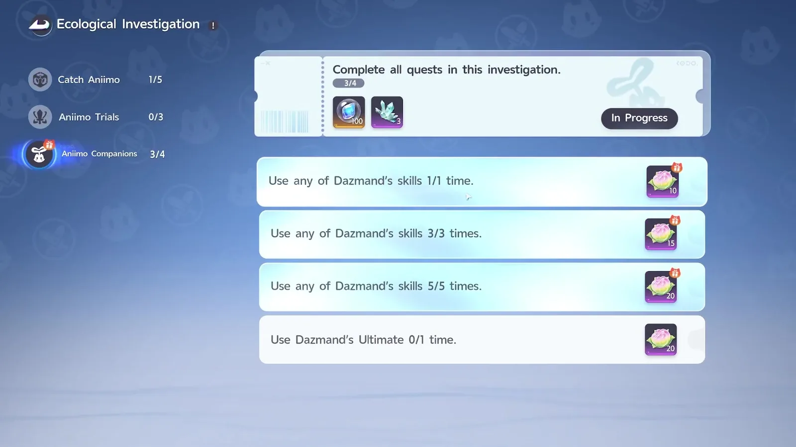 Aniimo Companions at 3/4, all three Dazmand skill quests claimable and the Ultimate quest still at 0/1, finished without a single fight