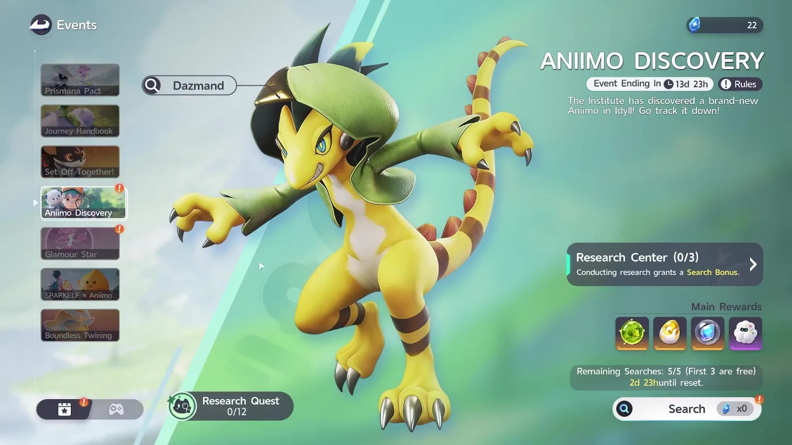 Aniimo Discovery event screen with Dazmand key art, Event Ending In 13d 23h, Research Center (0/3), four Main Rewards and Remaining Searches 5/5