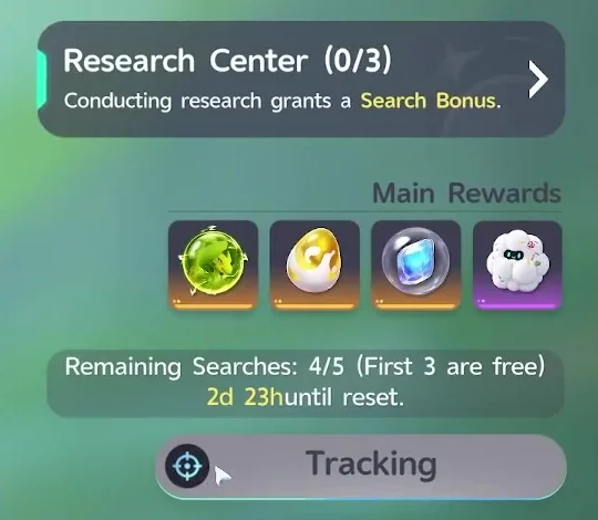 Aniimo Discovery search panel after one search: Remaining Searches 4/5 (First 3 are free), 2d 23h until reset, and the button now reading Tracking