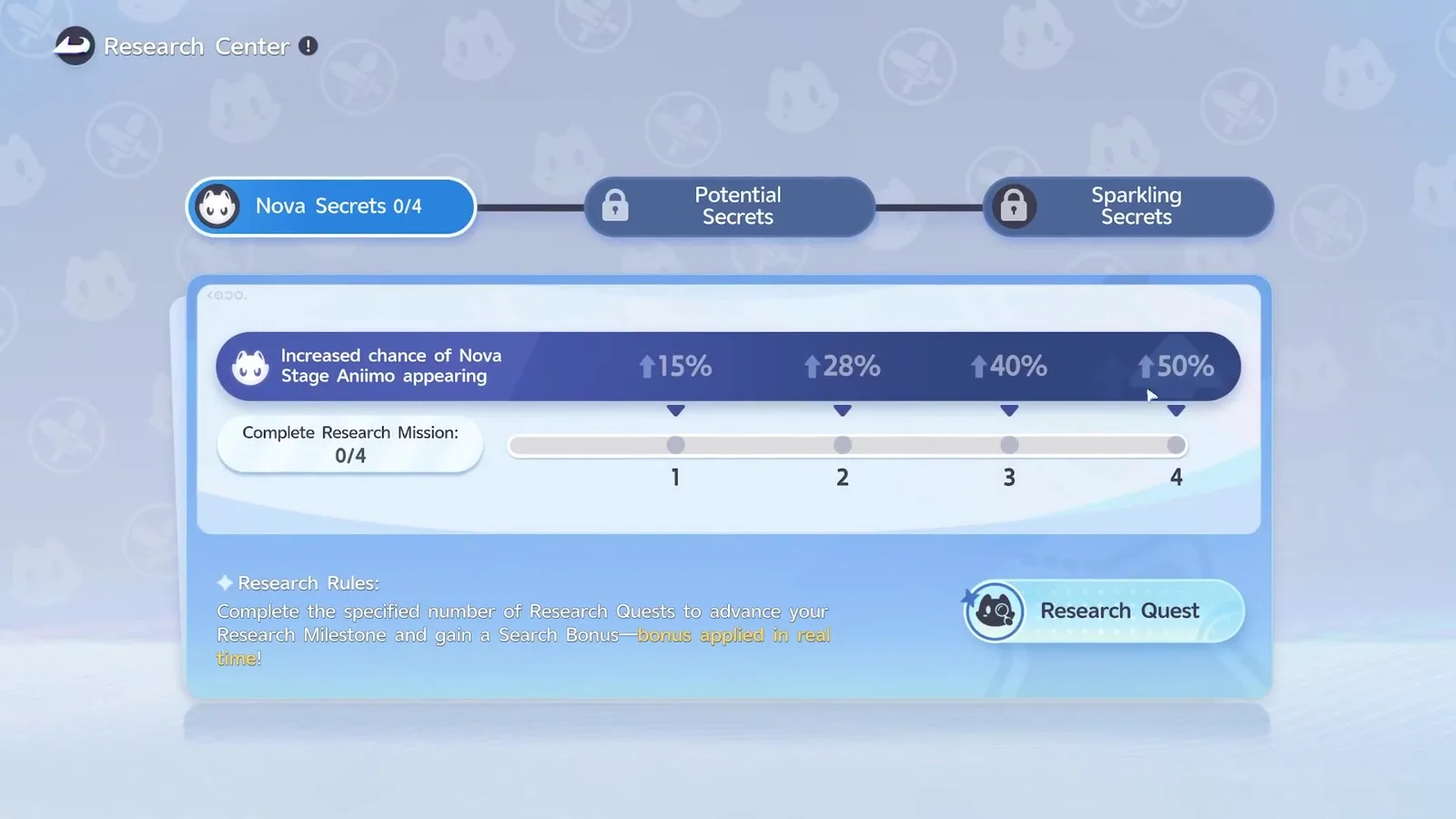 Aniimo Research Center, Nova Secrets 0/4: Increased chance of Nova Stage Aniimo appearing, with 15%, 28%, 40% and 50% milestones