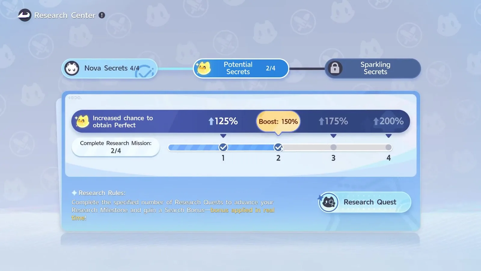 Aniimo Research Center, Potential Secrets 2/4 with Boost: 150% on the Increased chance to obtain Perfect bar, Nova Secrets already at 4/4