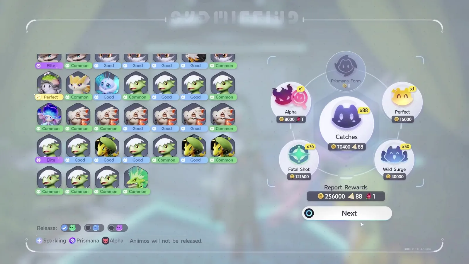 Aniimo Research Console report of 88 catches with two Good and one Common Dazmand, and the Release row set to Common only