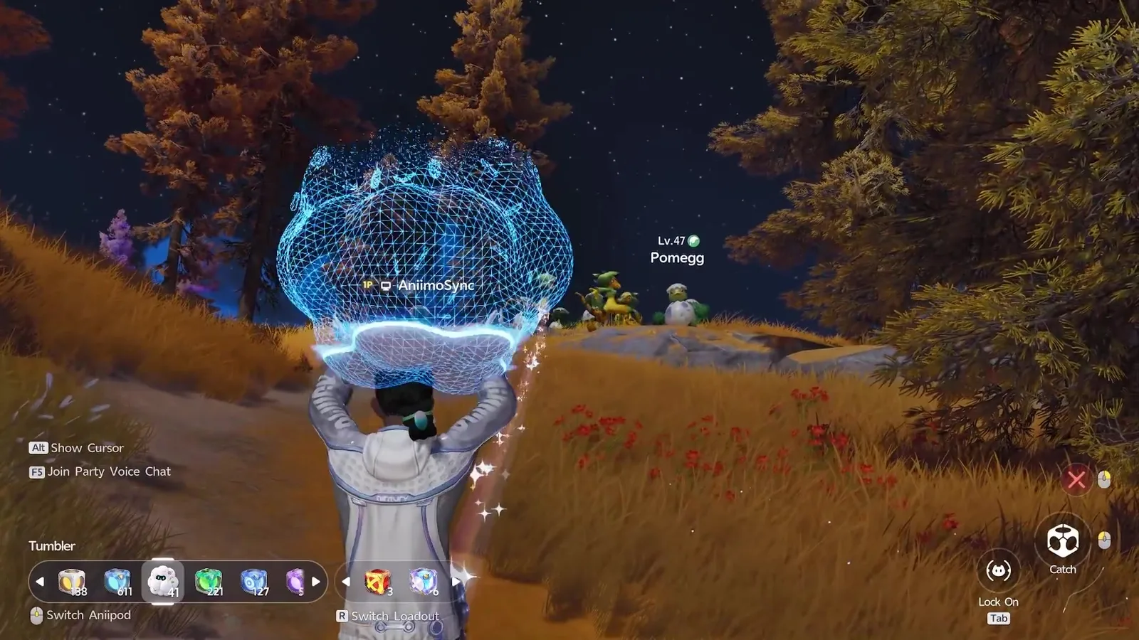 Aniimo Tumbler raised overhead by AniimoSync before the throw, aimed at a Lv.47 Pomegg group with yellow Dazmand dancing among them at night