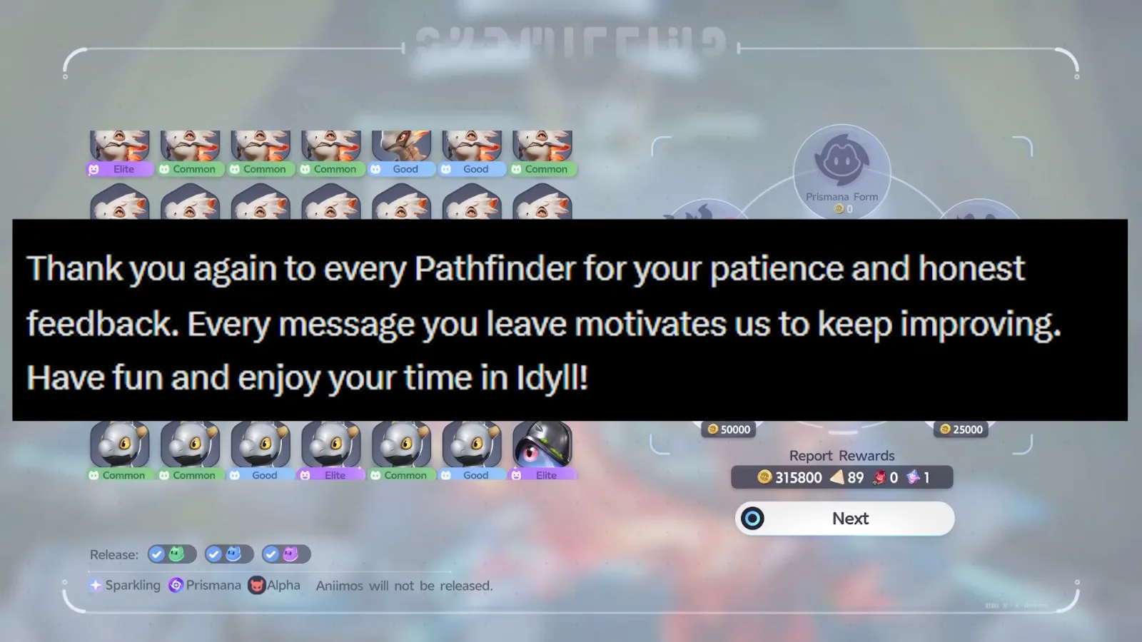 Aniimo Dev Feedback closing line, thanking every Pathfinder for patience and honest feedback, over a catch report screen showing Report Rewards of 315,800