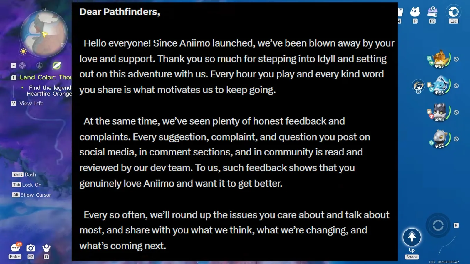 Aniimo Dev Feedback opening letter, Dear Pathfinders, thanking players for stepping into Idyll and promising regular round-ups of the issues they raise