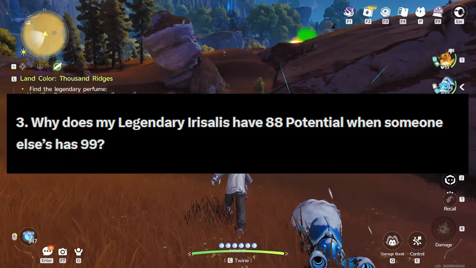 Aniimo Dev Feedback question 3 over a Thousand Ridges field: why does my Legendary Irisalis have 88 Potential when someone else’s has 99?