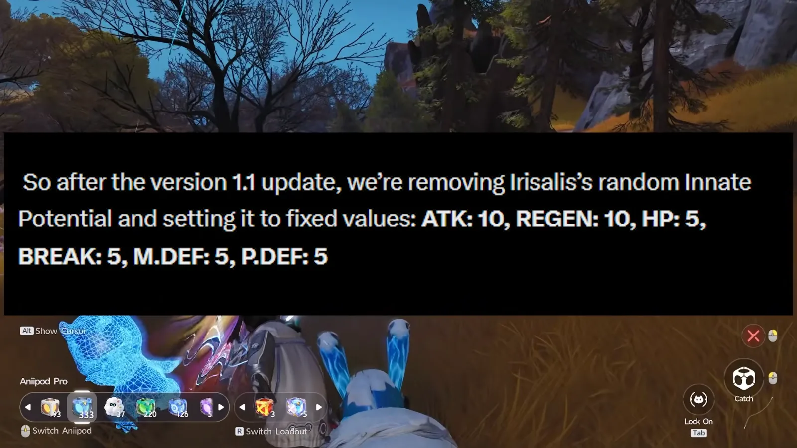 Aniimo Dev Feedback: after version 1.1 Irisalis’s random Innate Potential is removed and fixed at ATK 10, REGEN 10, HP 5, BREAK 5, M.DEF 5, P.DEF 5