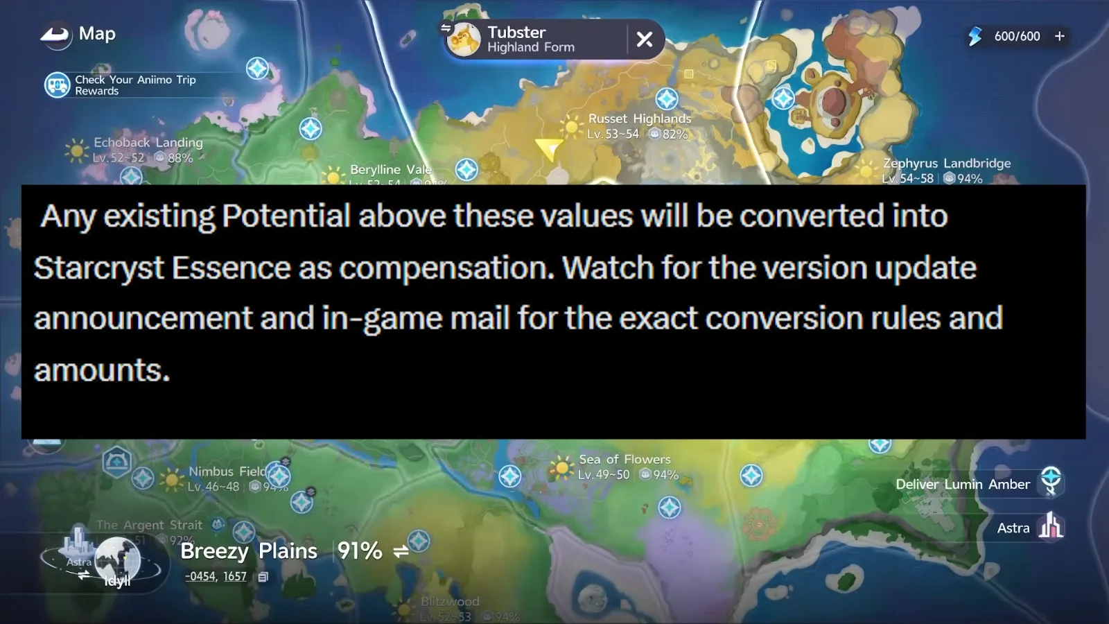 Aniimo Dev Feedback over the world map: Irisalis Potential above the fixed values converts into Starcryst Essence, exact rules in the update notice and in-game mail