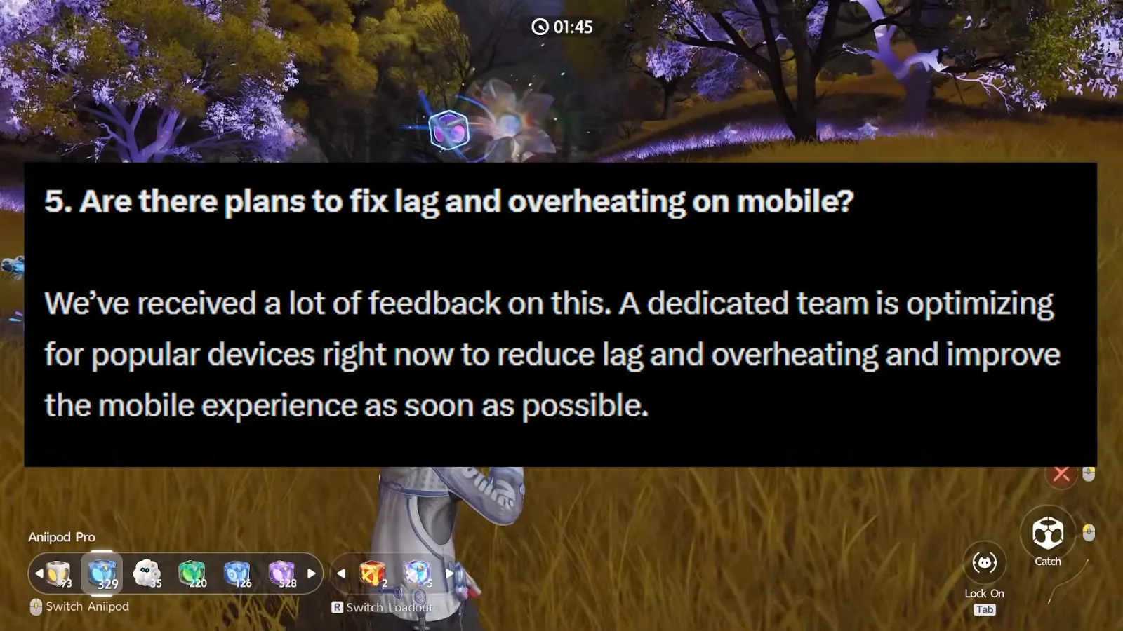 Aniimo Dev Feedback question 5 on mobile lag and overheating, answered by a dedicated team optimising for popular devices as soon as possible