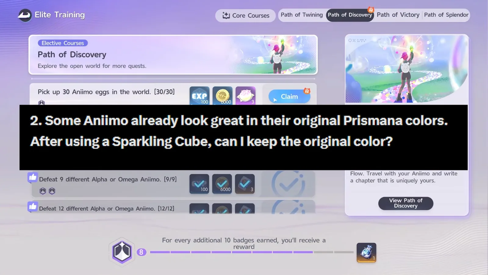 Aniimo Dev Feedback question 2 over the Elite Training Path of Discovery screen: after using a Sparkling Cube, can I keep the original Prismana color?