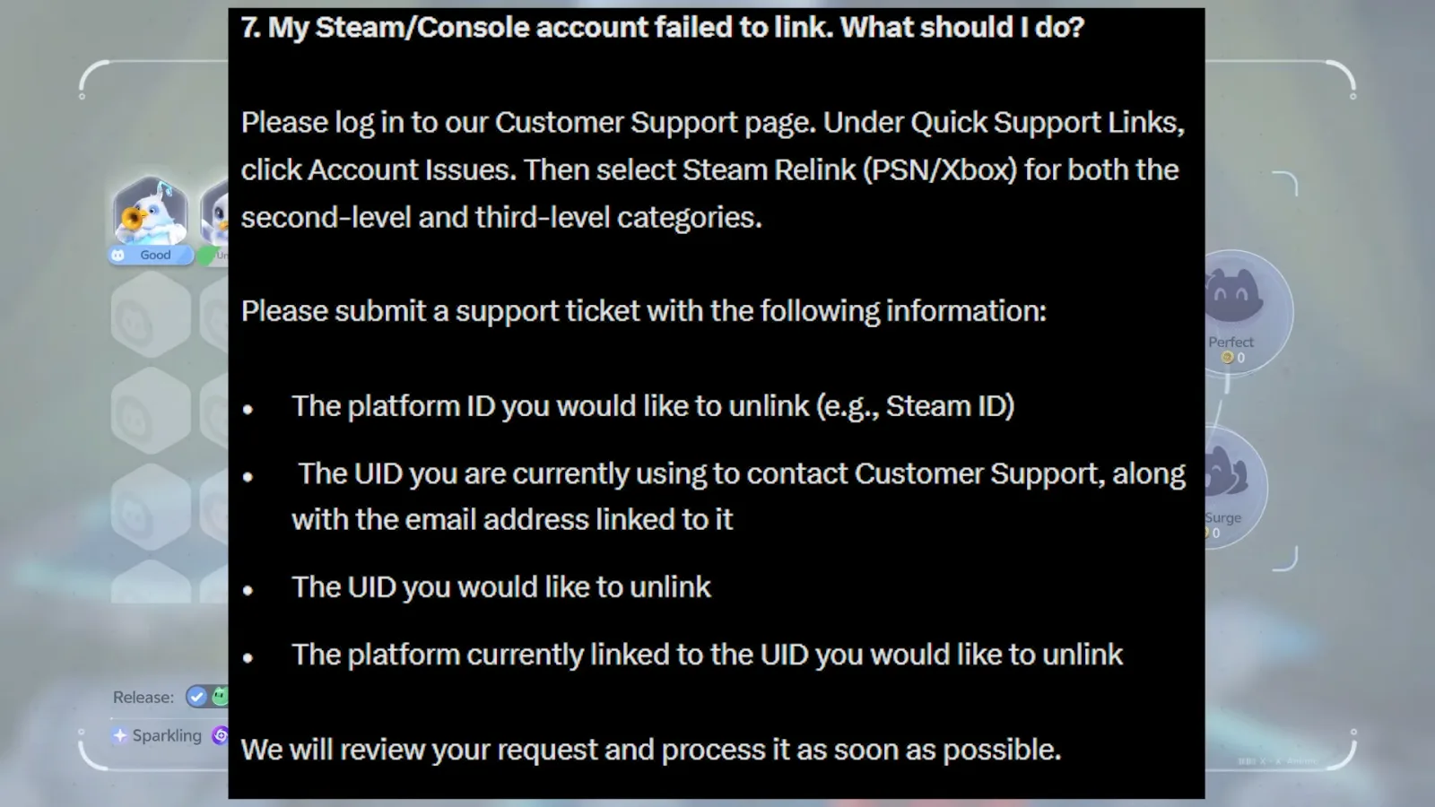 Aniimo Dev Feedback answer 7 for a failed Steam or console link: Customer Support, Account Issues, Steam Relink (PSN/Xbox), and the four details a ticket needs