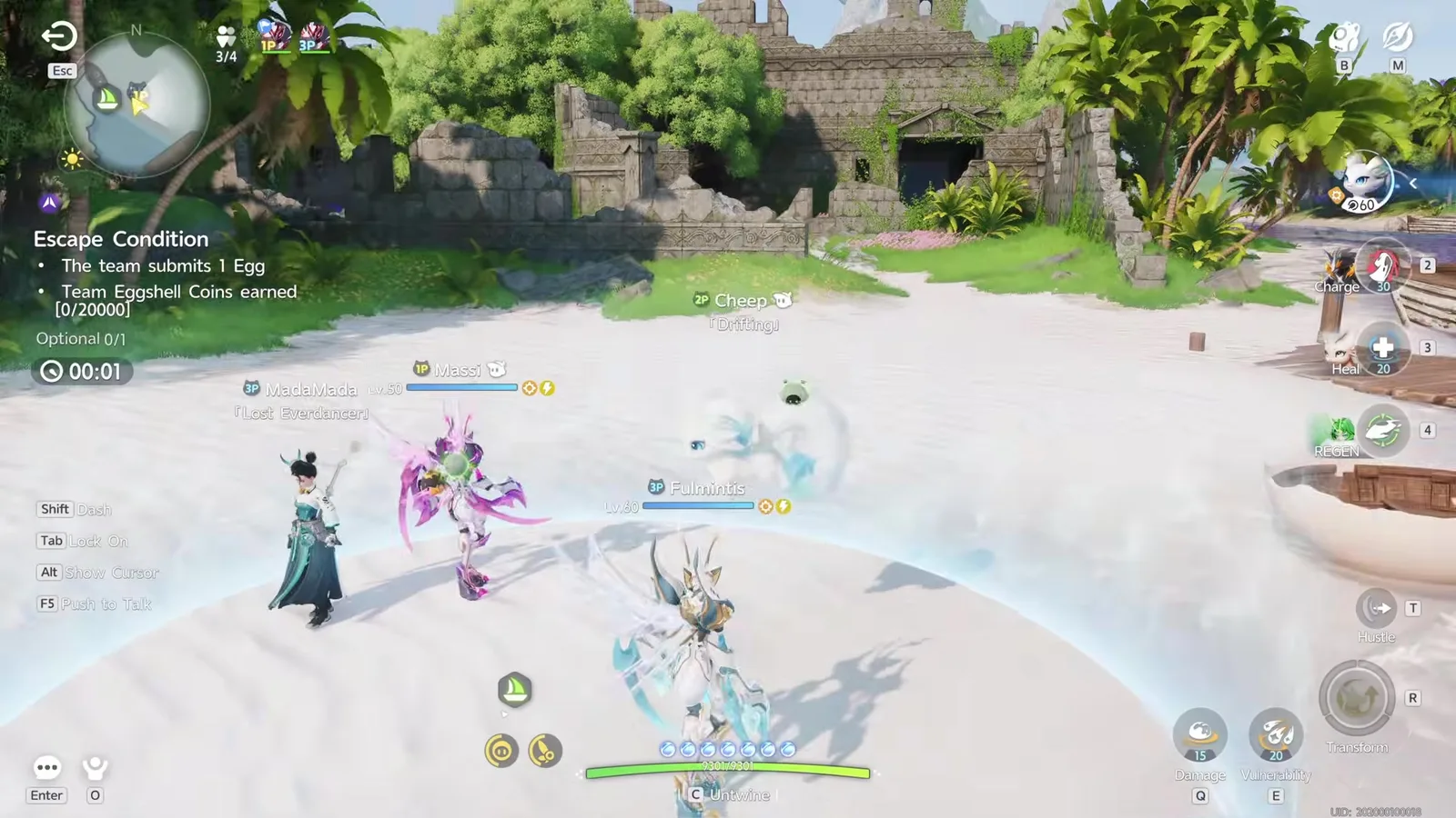 An Aniimo Egg Heist run on a white sand beach with palm trees and stone ruins, three tagged players named MadaMada, Massi and Cheep alongside a Lv.60 Fulmintis, and a left-hand panel reading Escape Condition, the team submits 1 Egg, Team Eggshell Coins earned 0 of 20000