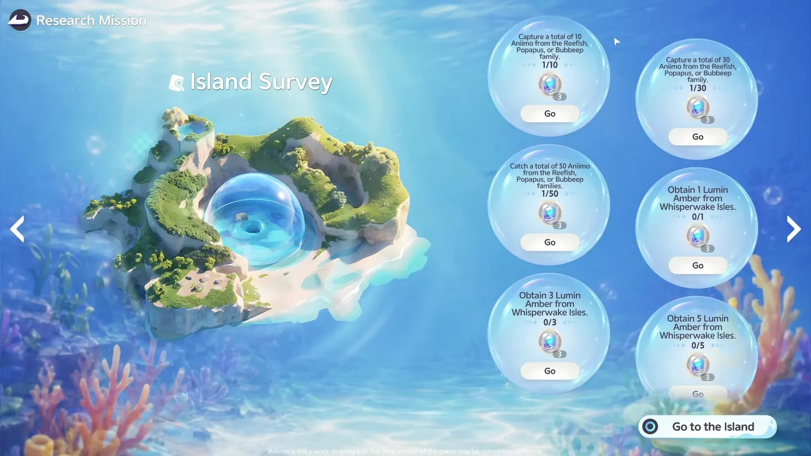 An Aniimo closed beta Island Survey screen under a Research Mission header: a small green island with a central blue lagoon dome floating in turquoise water above a coral reef, with six bubble mission tiles reading capture totals from the Reefish, Popapus or Bubbeep family and obtain Lumin Amber from Whisperwake Isles, a Go to the Island button, and a work-in-progress watermark along the bottom