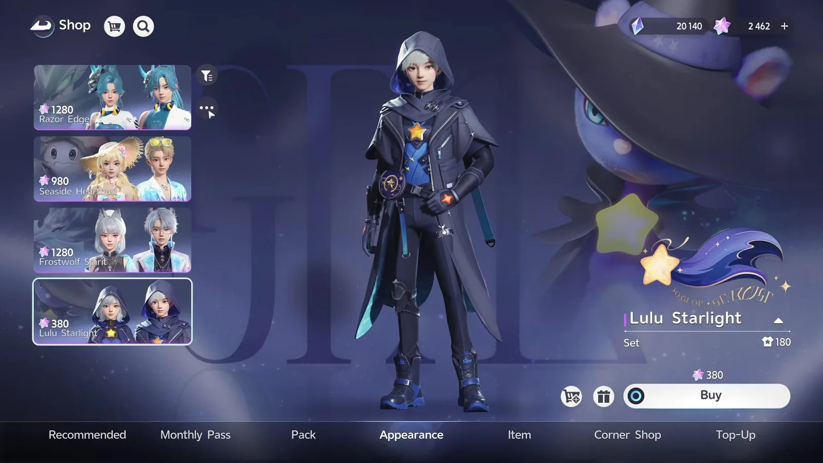 Aniimo’s Shop on the Appearance tab, a character modelling the navy hooded Lulu Starlight outfit priced at 380 with a Buy button, a left-hand list showing Razor Edge at 1280, Seaside Heartbud at 980 and Frostwolf Spirit at 1280, and the Recommended, Monthly Pass, Pack, Appearance, Item, Corner Shop and Top-Up tabs along the bottom