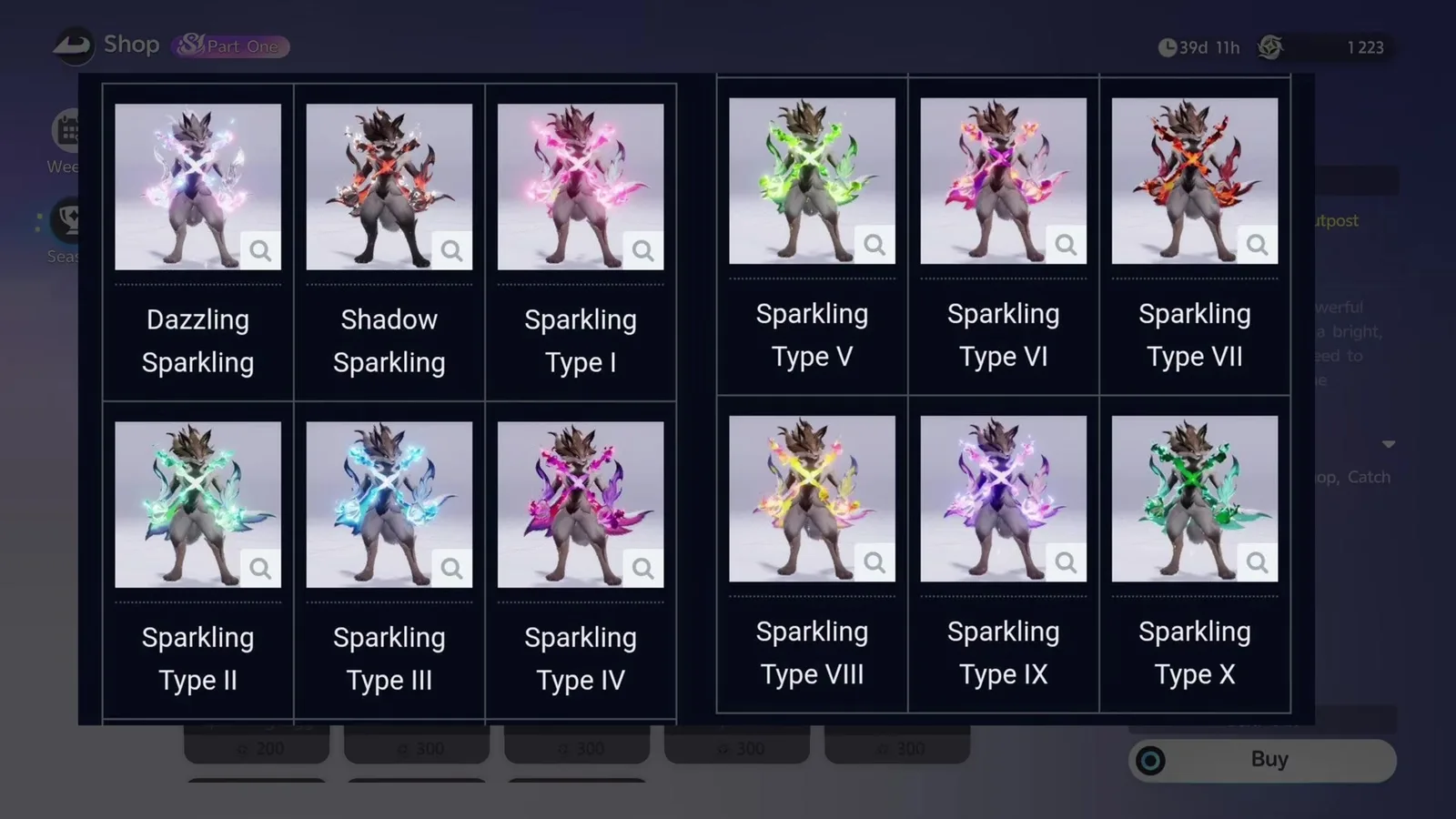 An Aniimo shop grid marked Part One showing twelve recolour tiles of the same grey wolf-like Aniimo: Dazzling Sparkling, Shadow Sparkling and Sparkling Type I through Type X, each glowing in a different colour including pink, red, green, blue, gold, purple and teal