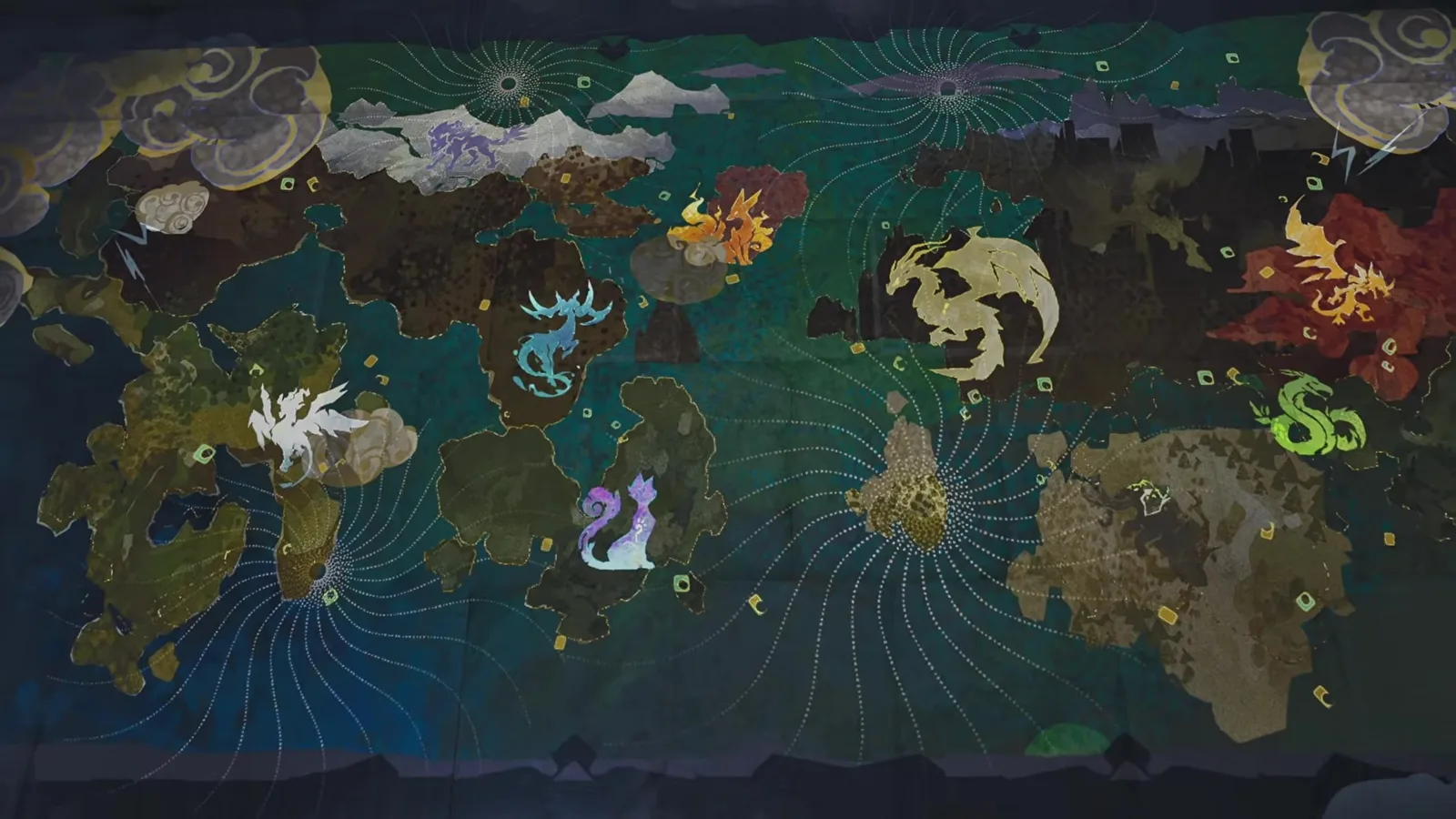 The painted world map mural on the cavern wall in Aniimo, showing many separate landmasses across a dark teal sea, several of them marked with a coloured creature silhouette including a white winged beast, a blue stag, a purple cat pair, a gold dragon and a green serpent, with dotted spiral currents radiating between them