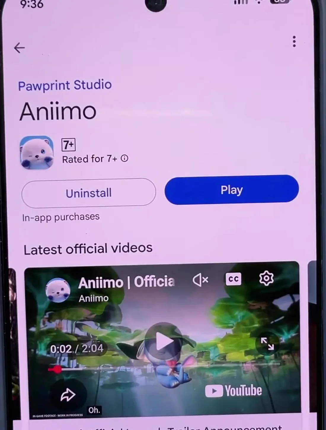 The Aniimo listing on Google Play showing the developer Pawprint Studio, the title Aniimo, a Rated for 7+ badge and the Uninstall and Play buttons