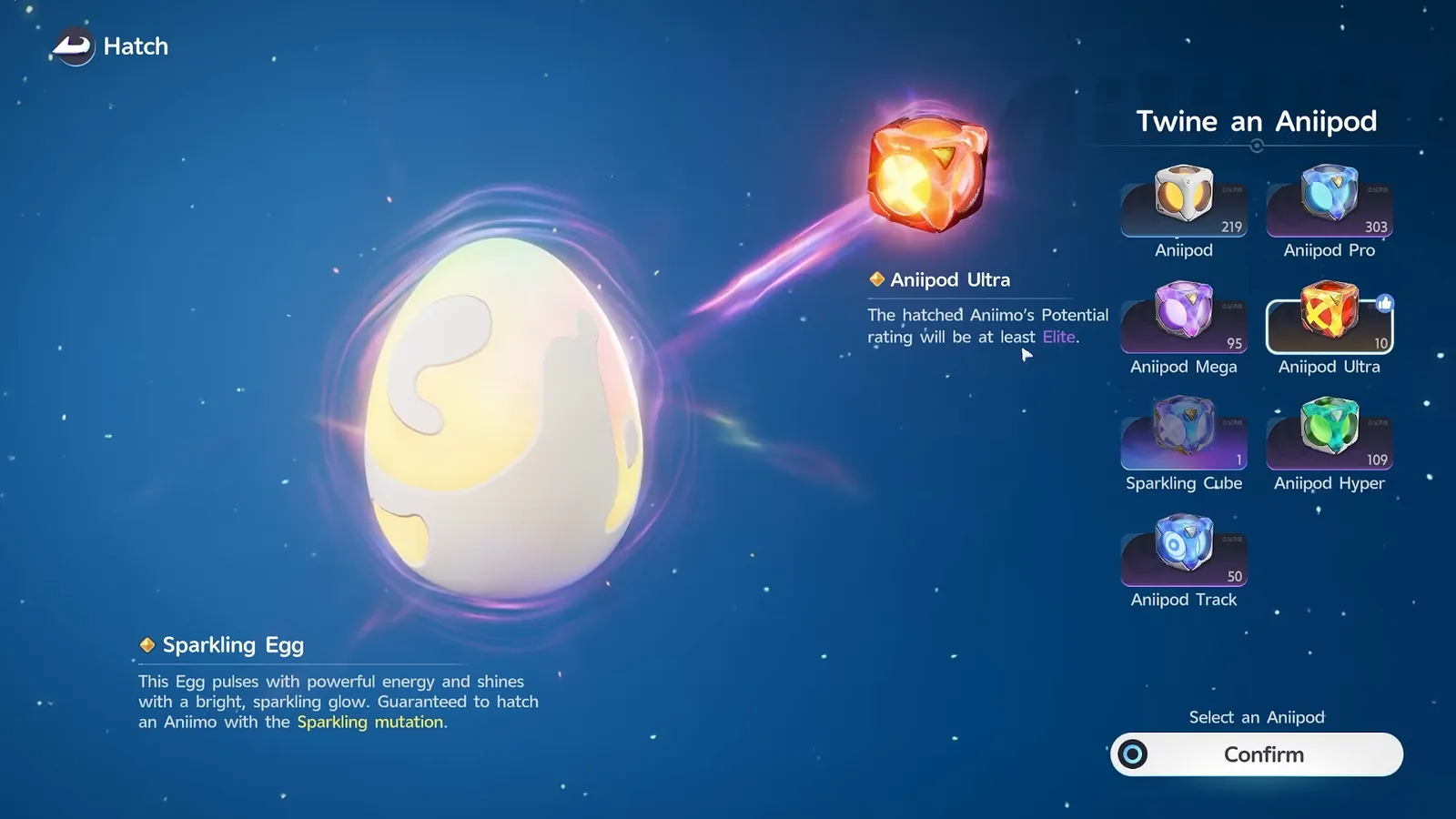 Aniipod Ultra selected on a Sparkling Egg in Aniimo, with the line The hatched Aniimo’s Potential rating will be at least Elite