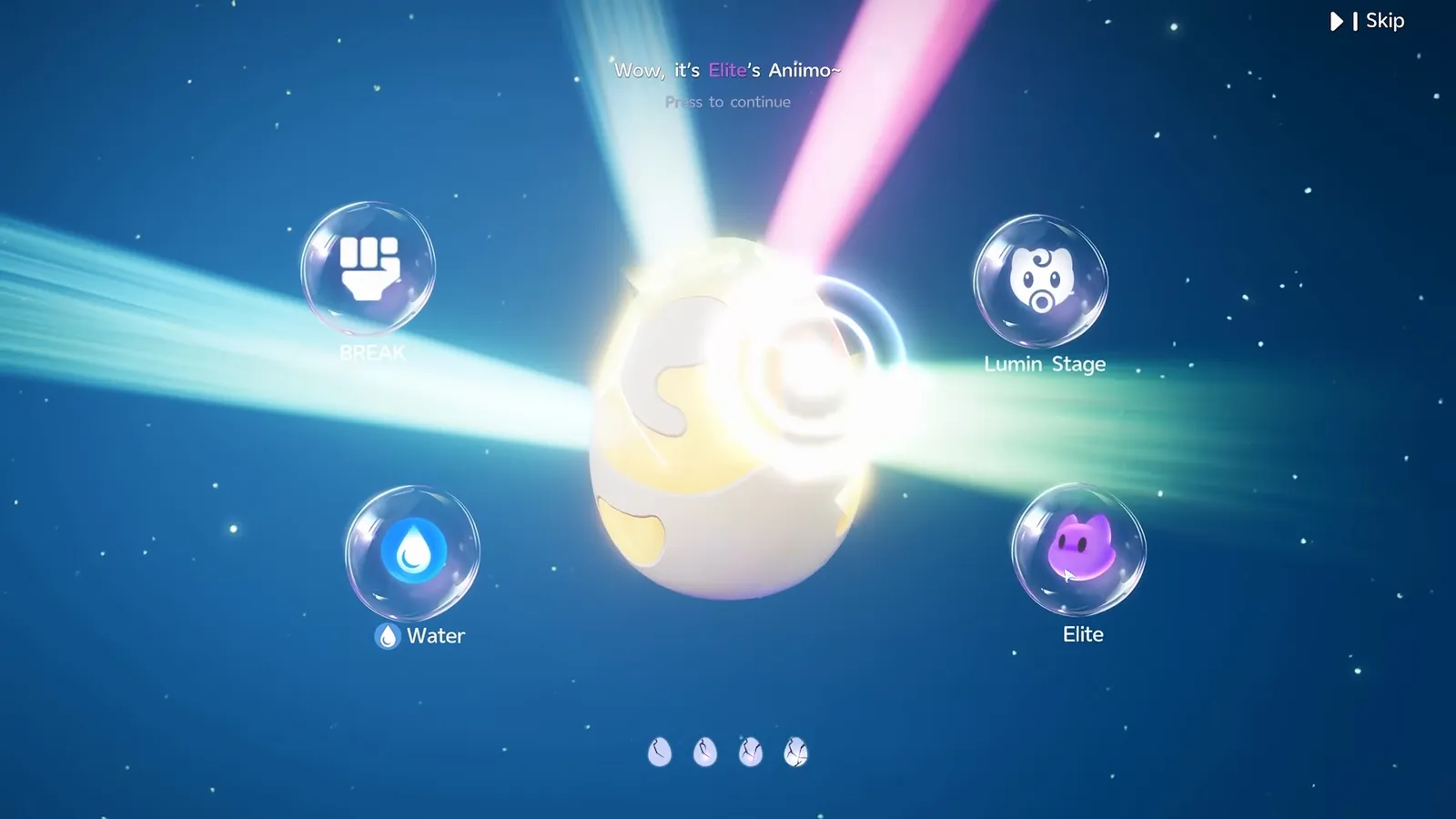 The Aniimo hatch reveal, with four bubbles reading BREAK, Lumin Stage, Water and Elite around a cracking egg