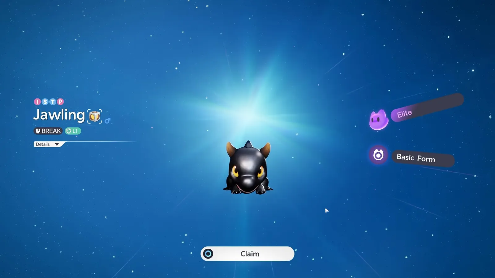 An Elite Jawling hatched in Aniimo, with the ISTP personality letters, the BREAK role, Wind element and the Elite and Basic Form badges