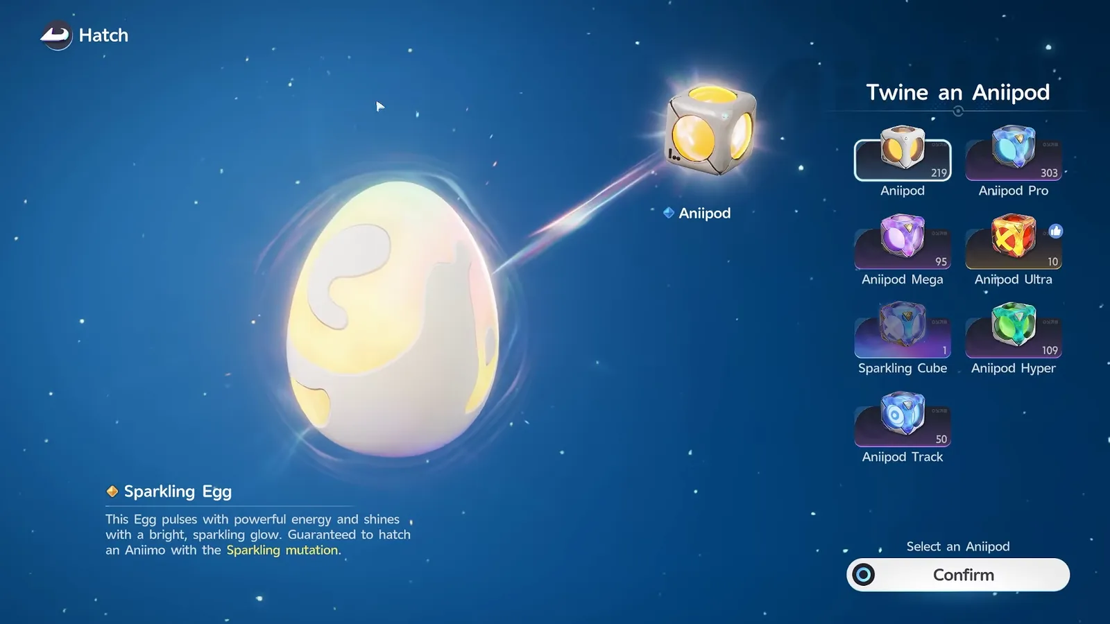 The Aniimo hatch screen titled Twine an Aniipod, with a Sparkling Egg on the left, the egg’s guarantee line below it, and seven Aniipods listed on the right