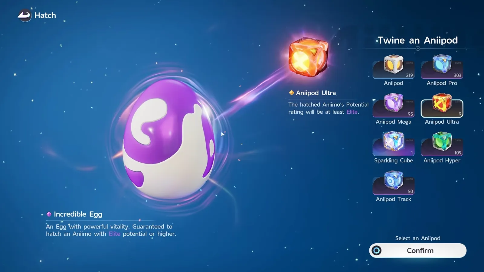 Aniipod Ultra selected on an Incredible Egg in Aniimo, with both the egg line and the Aniipod line promising Elite