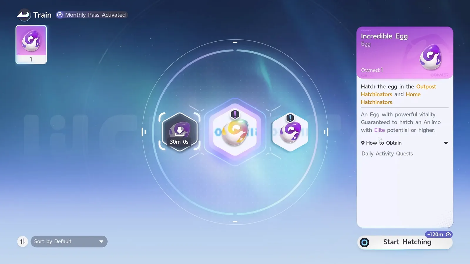 The Incredible Egg item card in the Aniimo Hatchinator, reading An Egg with powerful vitality. Guaranteed to hatch an Aniimo with Elite potential or higher