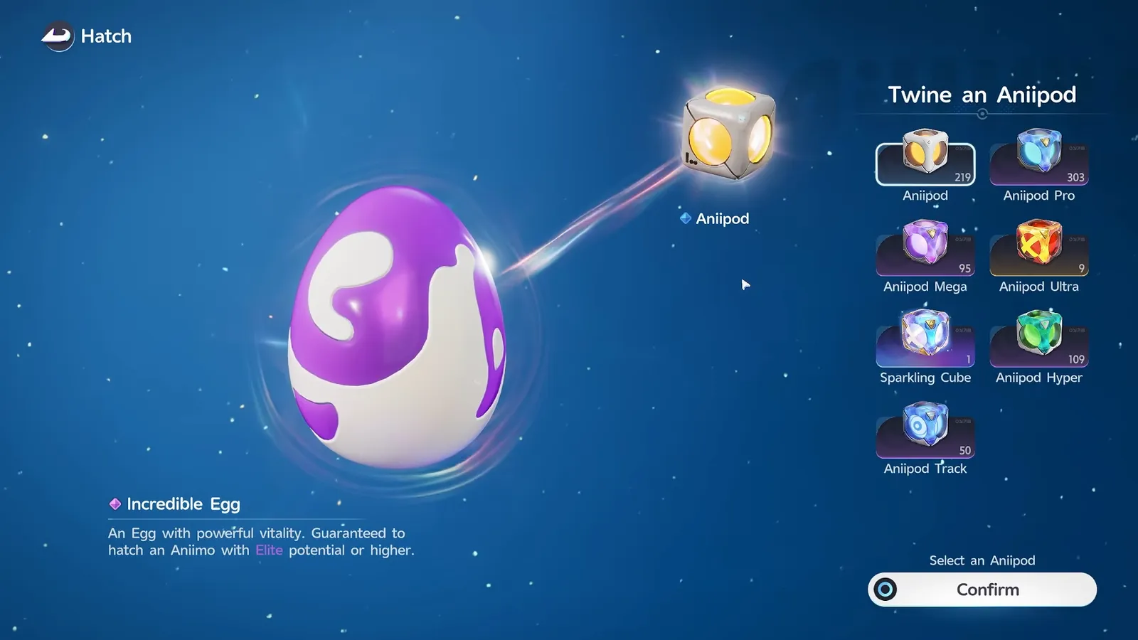The plain Aniipod selected on an Incredible Egg in Aniimo, with no effect text under its name and the Confirm button active