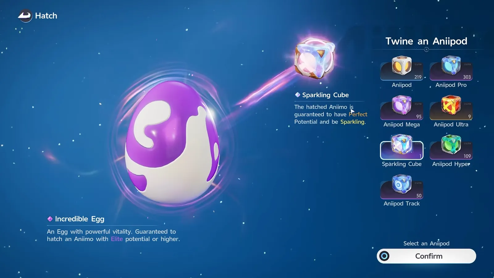 The Sparkling Cube selected on an Incredible Egg in Aniimo, with an active Confirm button and the line The hatched Aniimo is guaranteed to have Perfect Potential and be Sparkling