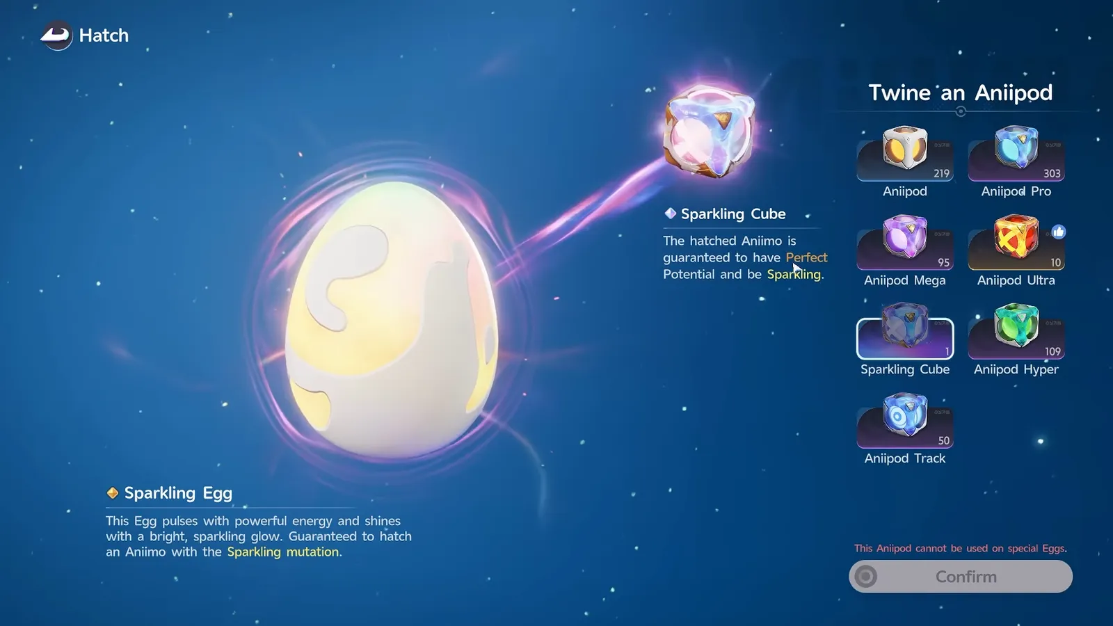 The Sparkling Cube selected on a Sparkling Egg in Aniimo, with the red warning This Aniipod cannot be used on special Eggs above a greyed-out Confirm button