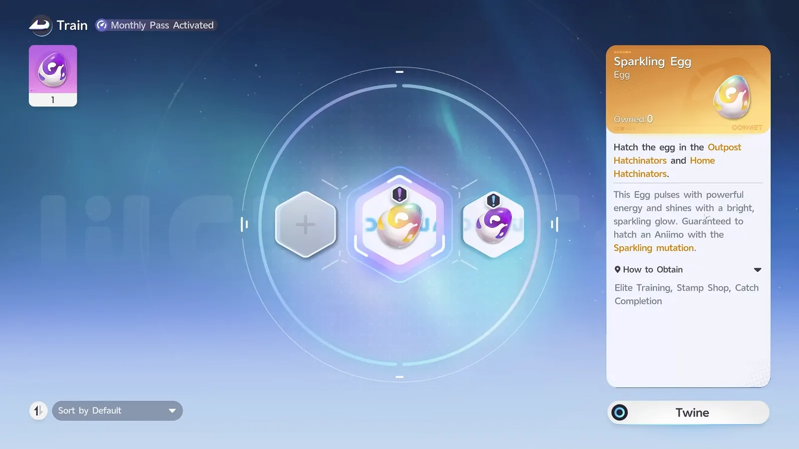 The Sparkling Egg item card in the Aniimo Hatchinator, reading Guaranteed to hatch an Aniimo with the Sparkling mutation, with Elite Training, Stamp Shop and Catch Completion listed under How to Obtain