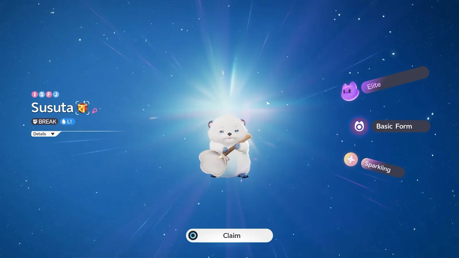 A Sparkling Elite Susuta hatched in Aniimo, with the ISFJ personality letters, the BREAK role, Water element and the Elite, Basic Form and Sparkling badges
