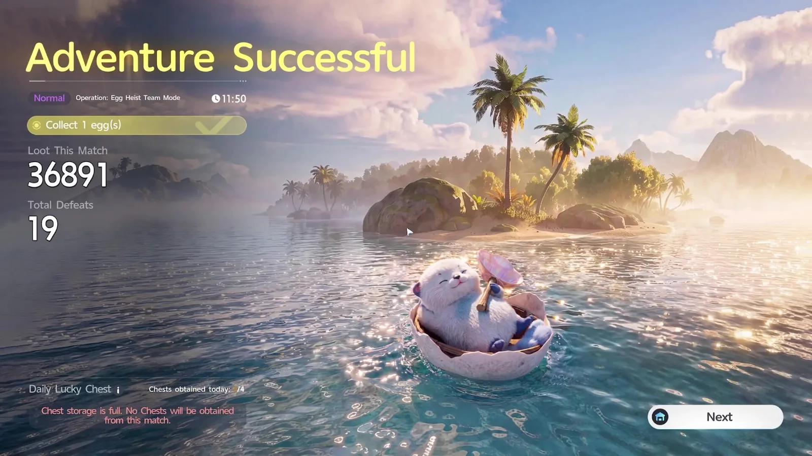 The Aniimo Egg Heist Adventure Successful screen on Normal difficulty, 11 minutes 50 seconds, Collect 1 egg ticked, Loot This Match 36891 and Total Defeats 19