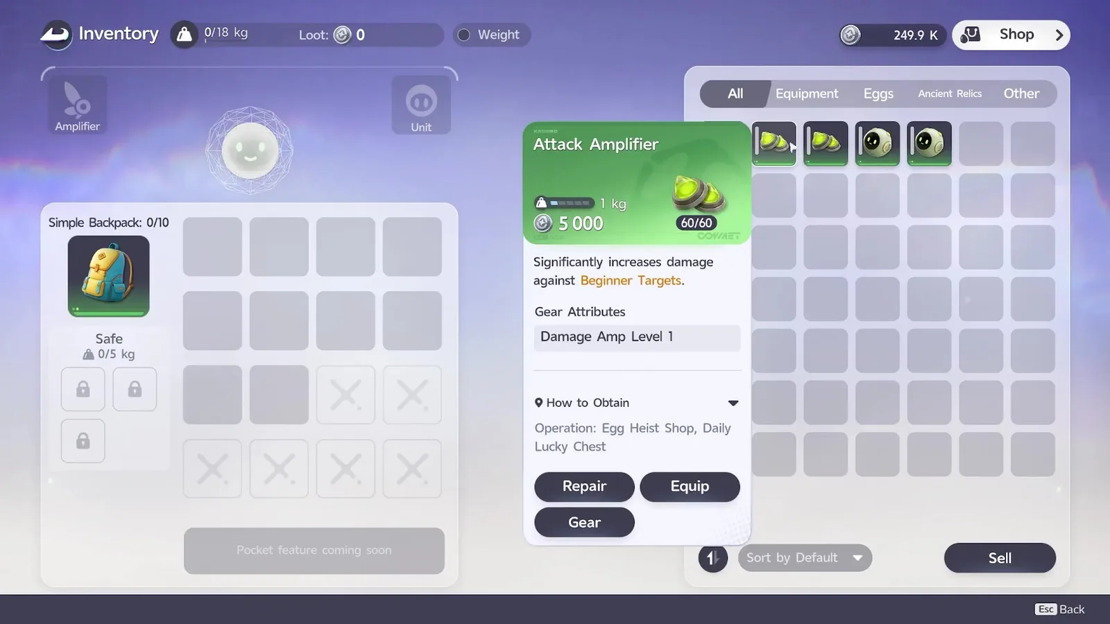 The Aniimo Egg Heist inventory with the Attack Amplifier tooltip open, reading Significantly increases damage against Beginner Targets, Damage Amp Level 1, 1 kg, 5000 and durability 60 of 60