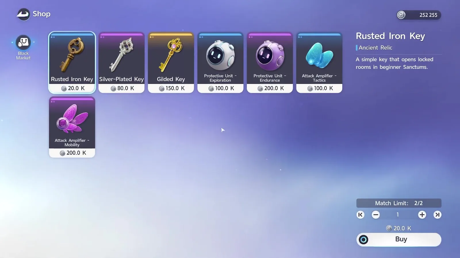 Weslowe’s Black Market stall inside the Aniimo Lost Sanctum, selling the Rusted Iron Key at 20.0 K, the Silver-Plated Key at 80.0 K and the Gilded Key at 150.0 K
