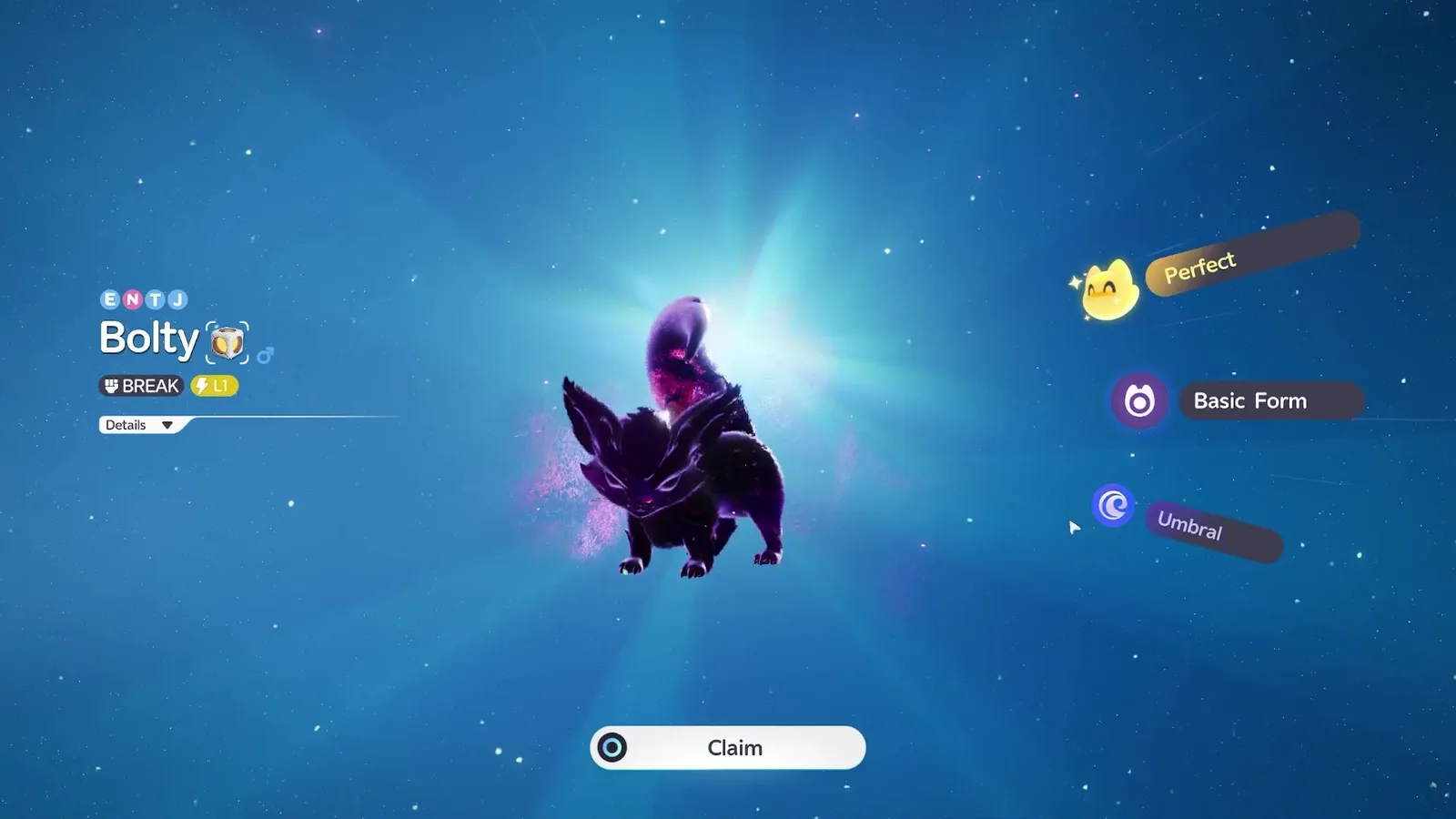 The hatch result in Aniimo: an Umbral Bolty in Basic Form with a Perfect potential badge, the BREAK role and a Lightning element tag, on the claim screen