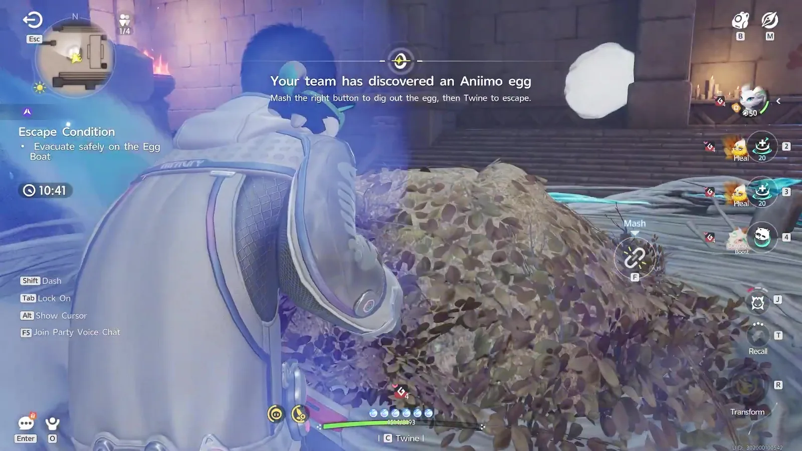 The banner Your team has discovered an Aniimo egg in Aniimo Egg Heist, with the instruction to mash the button to dig out the egg then Twine to escape, over the nest in the Lost Sanctum