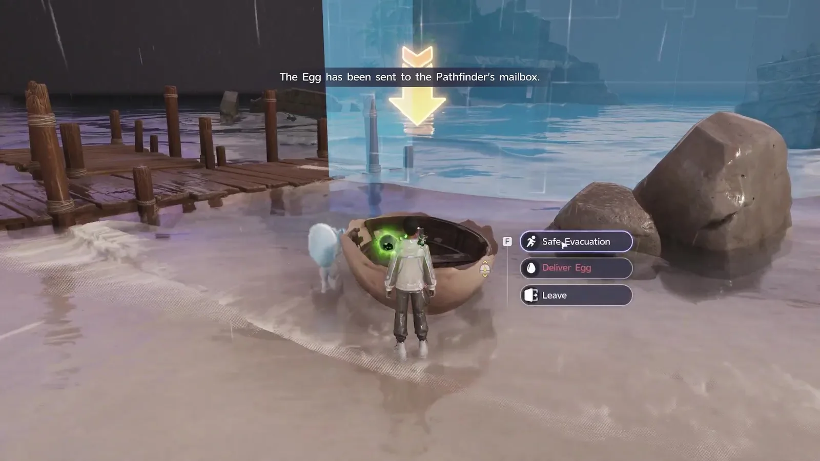 The Aniimo Egg Heist Egg Boat on a rainy beach with the prompts Safe Evacuation, Deliver Egg and Leave, and the banner The Egg has been sent to the Pathfinder’s mailbox