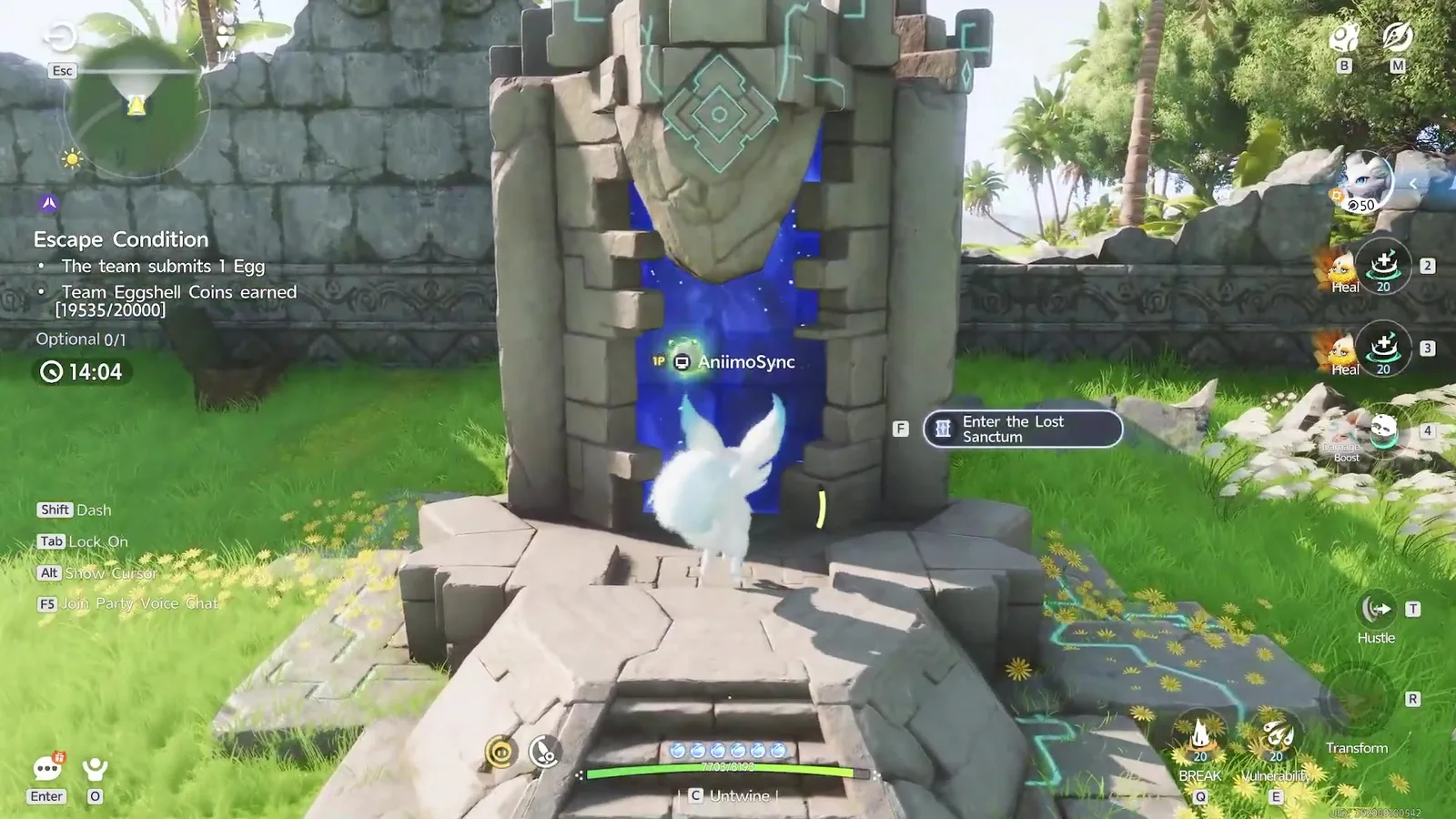 The Aniimo Egg Heist side entrance to the Lost Sanctum, a blue portal set in a stone arch, with the prompt Enter the Lost Sanctum and the Eggshell Coin bar at 19535 of 20000