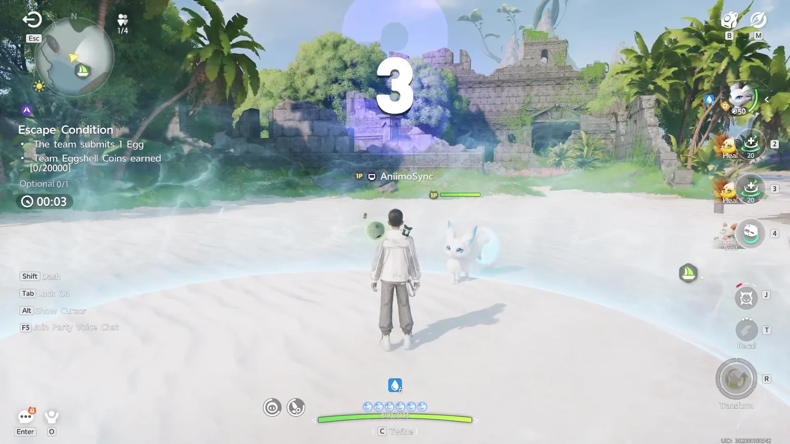 The Aniimo Egg Heist HUD at the start of a run: Escape Condition, The team submits 1 Egg, Team Eggshell Coins earned 0 of 20000, and the Heal 20 and Damage Boost assist icons