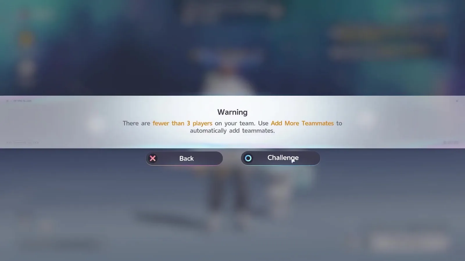 The Aniimo Egg Heist warning dialogue reading There are fewer than 3 players on your team, Use Add More Teammates to automatically add teammates, with Back and Challenge buttons