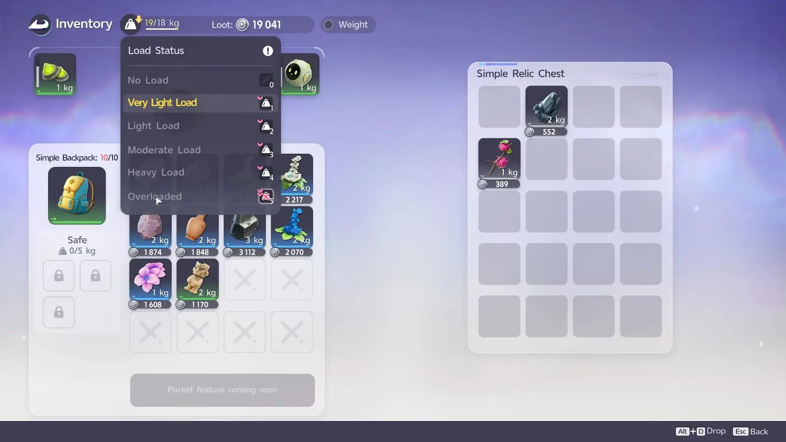 The Aniimo Egg Heist Load Status list open over a full inventory, showing No Load, Very Light Load, Light Load, Moderate Load, Heavy Load and Overloaded with the weight counter at 19 of 18 kg