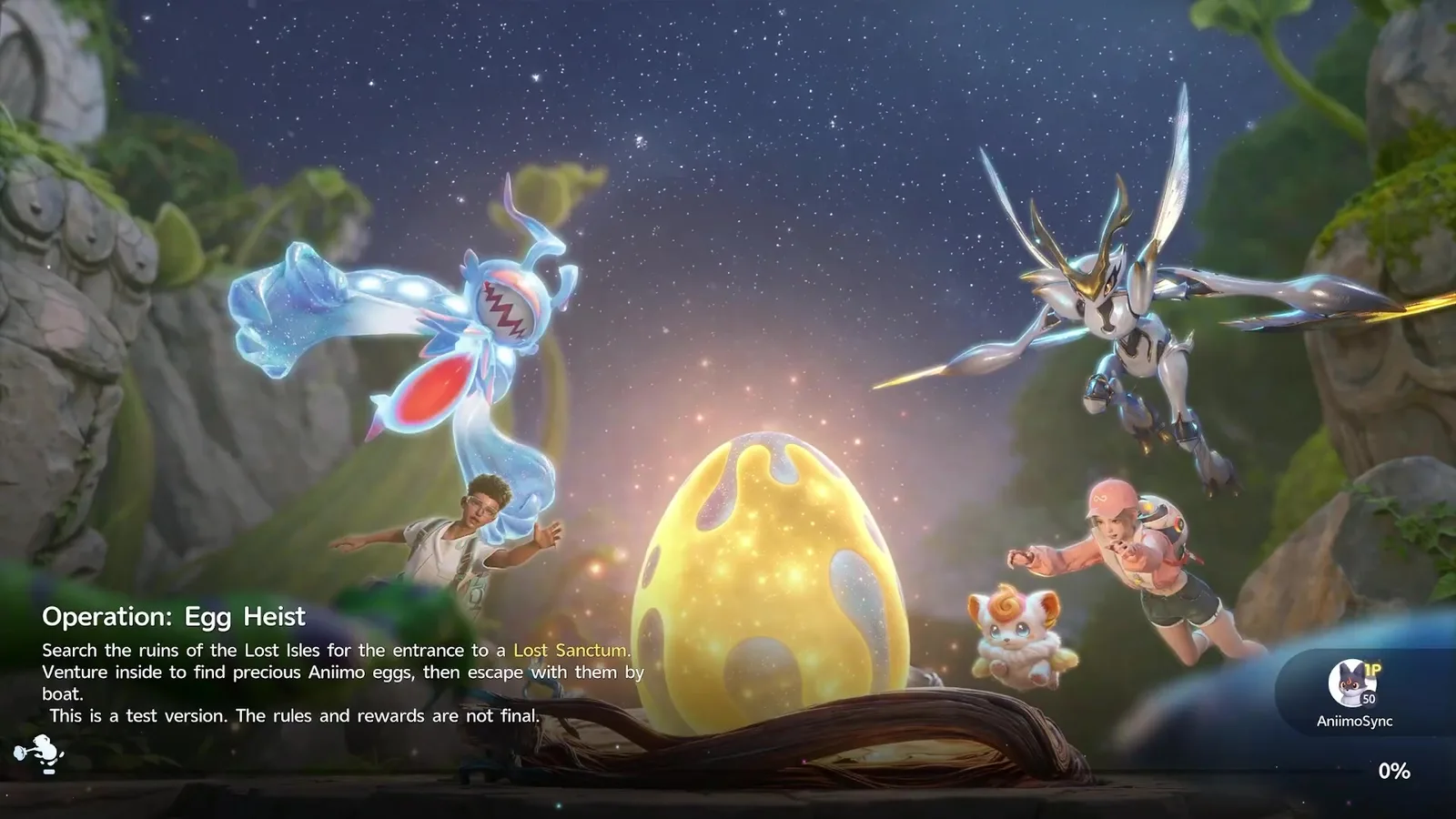 The Aniimo Operation: Egg Heist loading screen, a glowing golden egg between two Pathfinders and their Aniimo, with the text This is a test version, the rules and rewards are not final