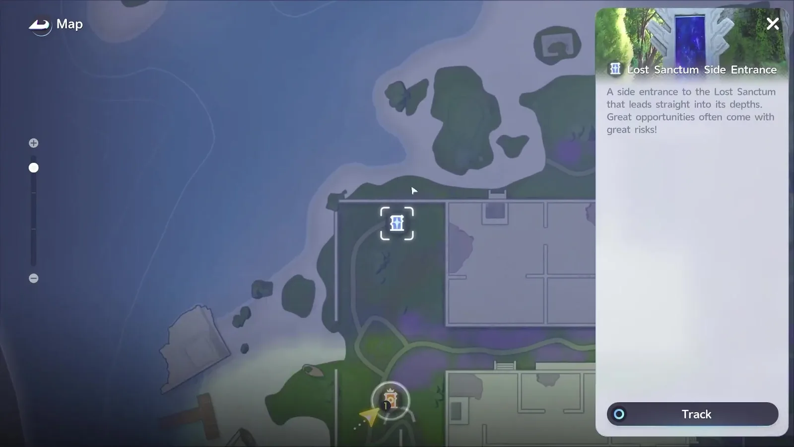 The Aniimo Egg Heist map of the Ancient Harbor with the Lost Sanctum Side Entrance marker selected, its panel reading A side entrance to the Lost Sanctum that leads straight into its depths