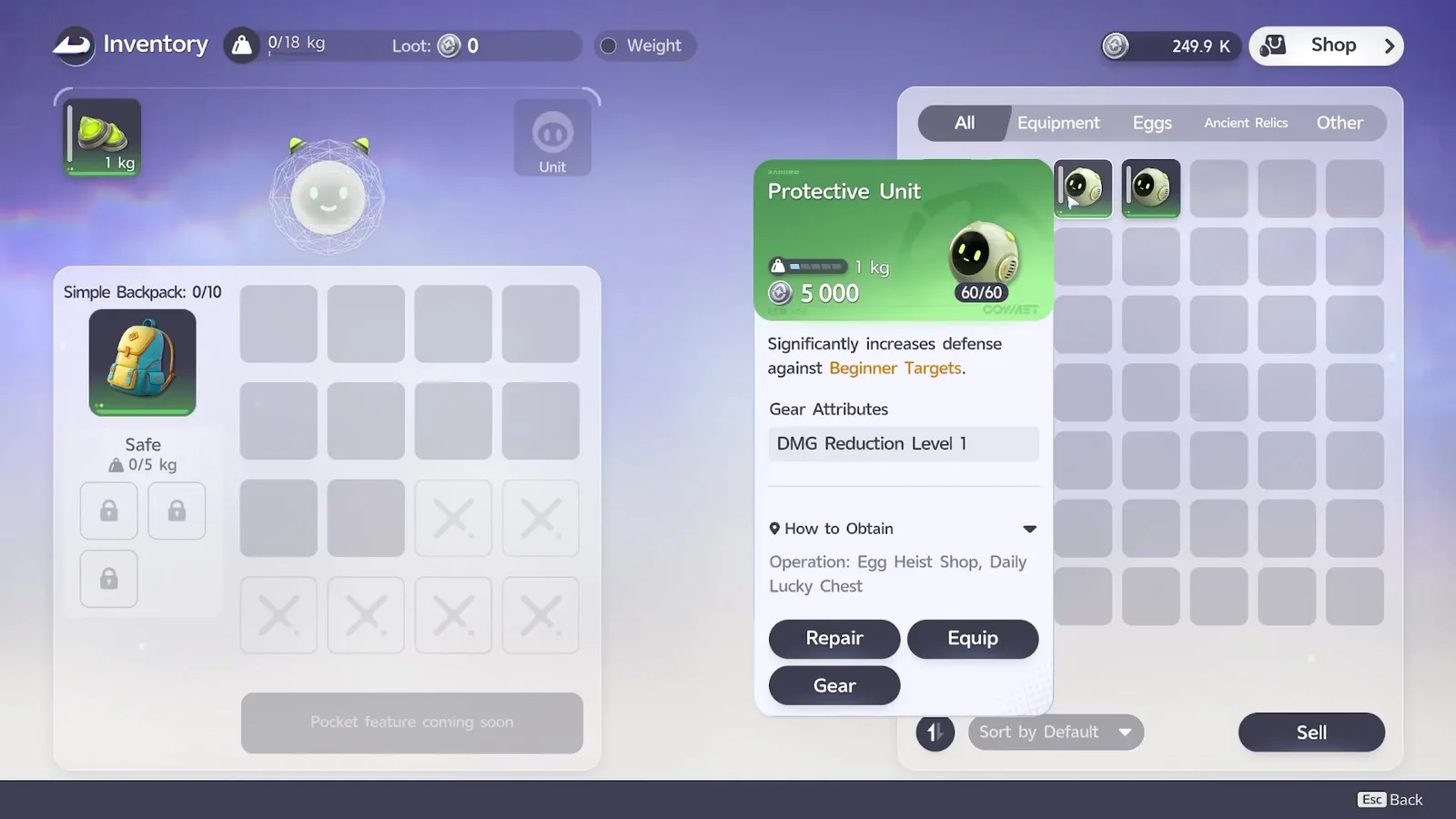 The Aniimo Egg Heist Protective Unit tooltip, reading Significantly increases defense against Beginner Targets, attribute DMG Reduction Level 1, beside the equipped Attack Amplifier