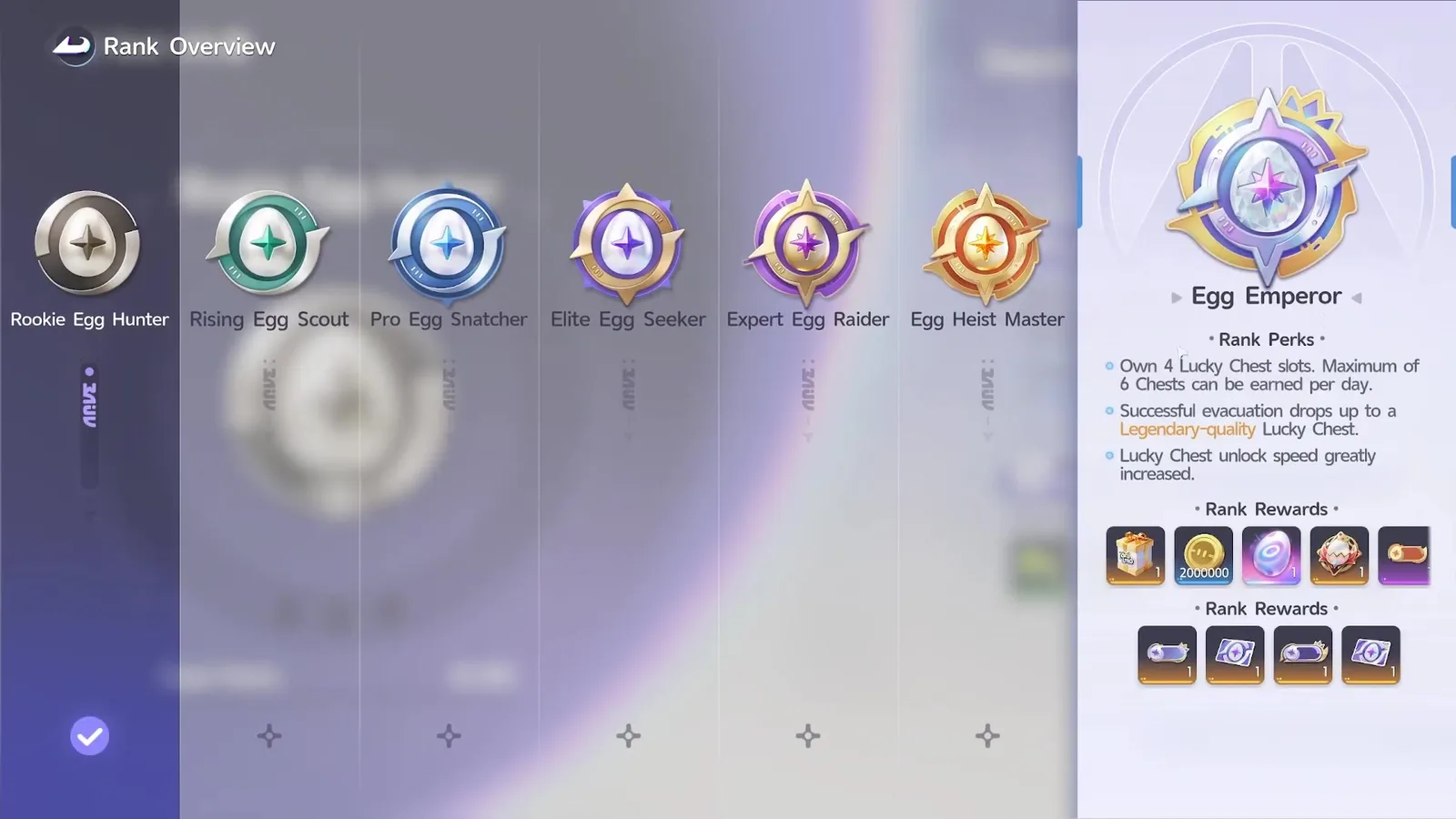 The Aniimo Egg Heist rank ladder: Rookie Egg Hunter, Rising Egg Scout, Pro Egg Snatcher, Elite Egg Seeker, Expert Egg Raider, Egg Heist Master and Egg Emperor, whose perk panel is open