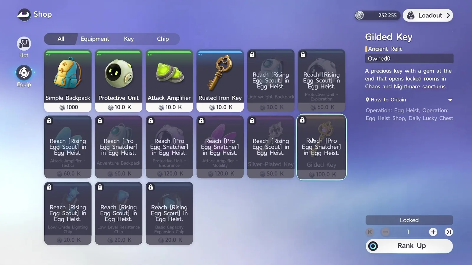The Aniimo Egg Heist shop Equip tab: Simple Backpack at 1000, Protective Unit and Attack Amplifier at 10.0 K, and padlocked stock reading Reach Rising Egg Scout in Egg Heist